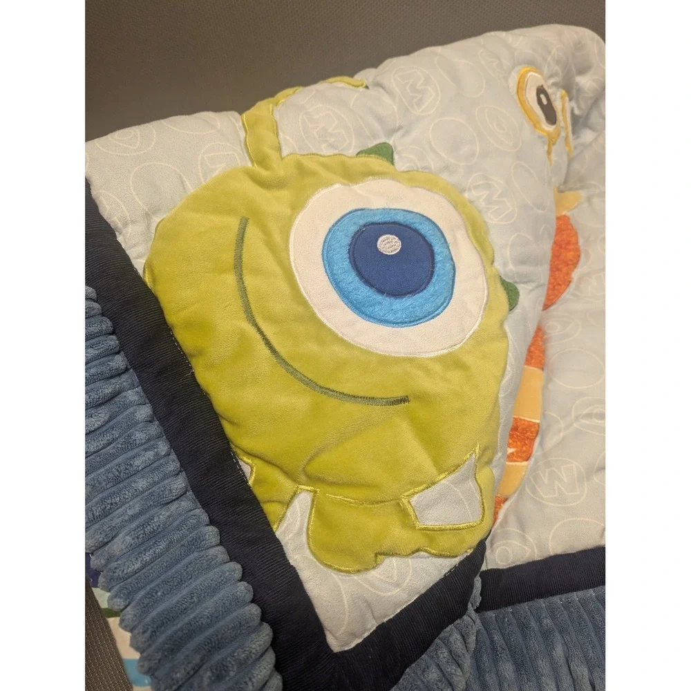 Disney Baby Monsters Inc Mike Sulley Crib Quilt Blanket Blue Green Nursery